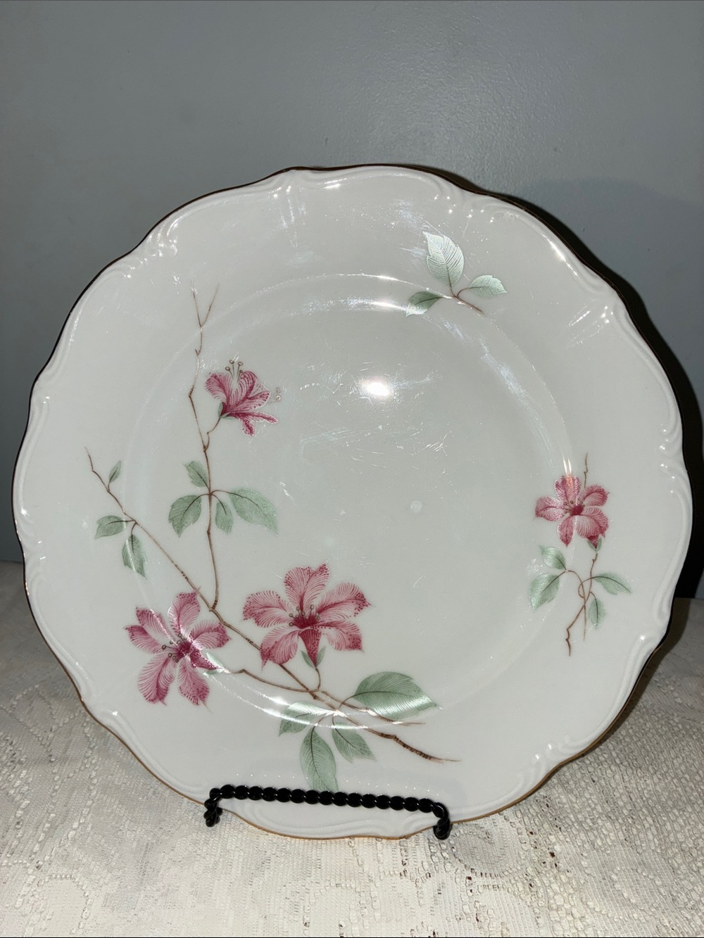 Vintage Forest Bavarian Porcelain Floral Dinner Plates w/Pink Blossom Design.10”